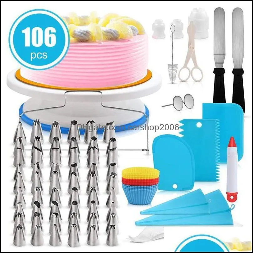106pcs diy cake decorating tool kit turntable nozzle set resuable pastry piping bag baking supplies for birthday party & tools