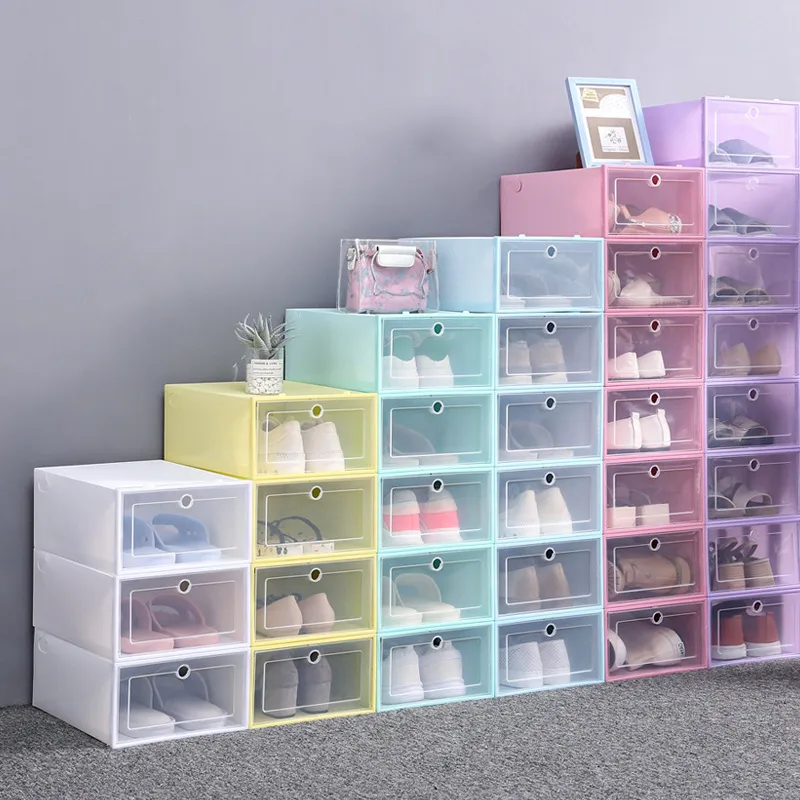 Clear Plastic Shoe Box Dammtät sneaker Lagringsarrangör Flip Transparent High Heels Boxar Candy Color Stapelbara skor Behållare Case SN4291