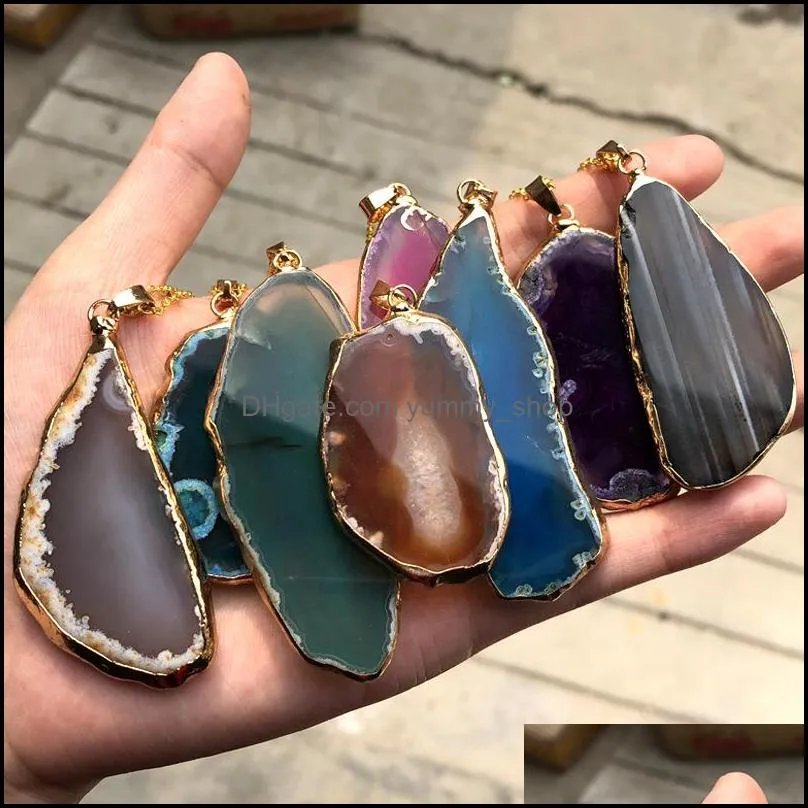 gold plating natural agate stone slices charms green purple agate slice wind bell tablet sweater chain pendant home ornaments