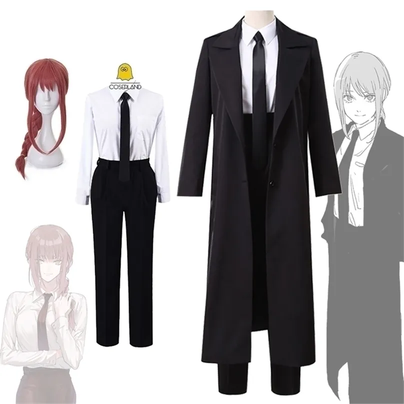 Homem motosserra de anime Makima traje cosplay camisa preta trincheira gravata calças peruca longa luz vermelha trança homens mulheres terno uniforme a220812