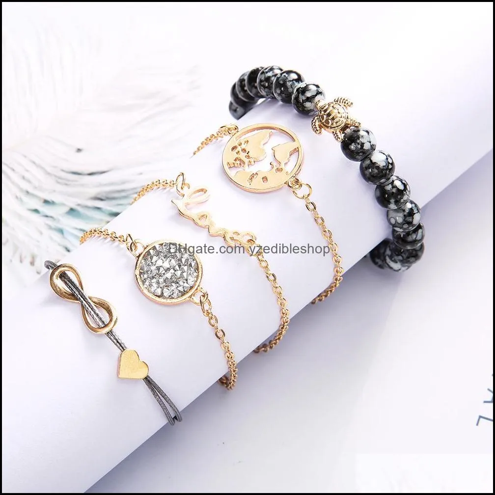 5pcs/set Silver Cuff Bracelets Female Cute Simple Map Pineapple Heart Tassel Braid Bracelet Jewelry Set Hypoallergenic Gift