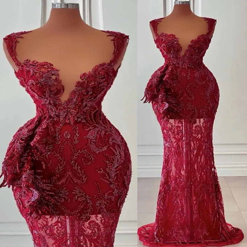 Bourgogne Mermaid Aso Ebi Evening Dresses 2022 Sweetheart Lace Pärled Sexig African Prom Second Reception Birthday Engagement Gown