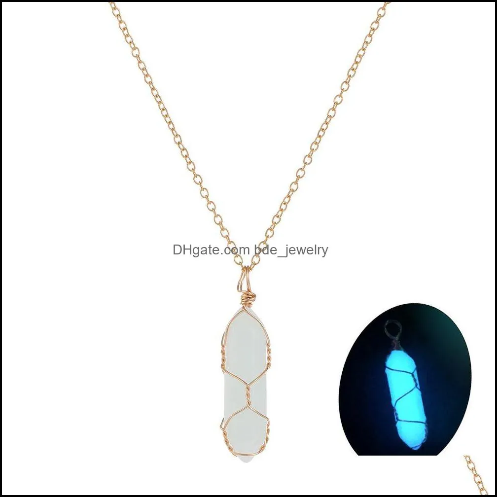 hexagonal pillar crystal necklace glow in the dark luminous wire wrap stone craft pendant necklaces gift for women men party