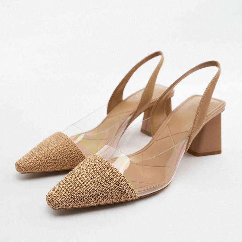 Sapatos femininos 2022 novas sandálias espessas pontiagudas transparentes cor natural plástico exposto elegante salto alto