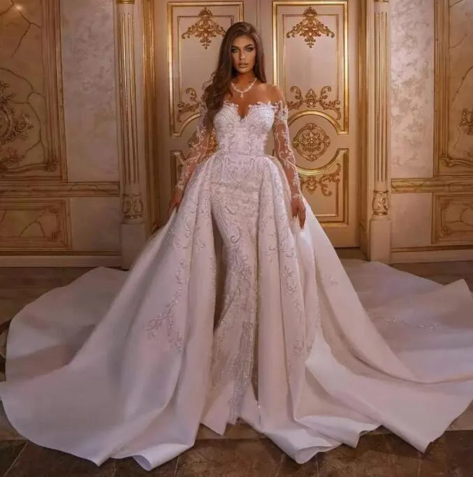 2022 Luxury Mermaid Wedding Dress with Löstagbar kjol Appliced ​​Arabiska trumpet Brudklänningar Långa ärmar Bohemian Robe de Soiree C0601G05