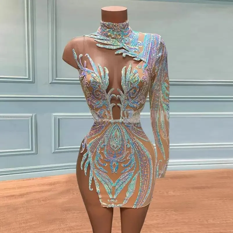 Black One Shoulder Lace Cocktail Dress with Sequins and High Neck, Above  Knee Mini Length from Dhgate Cocktail Dresses - price 136.59