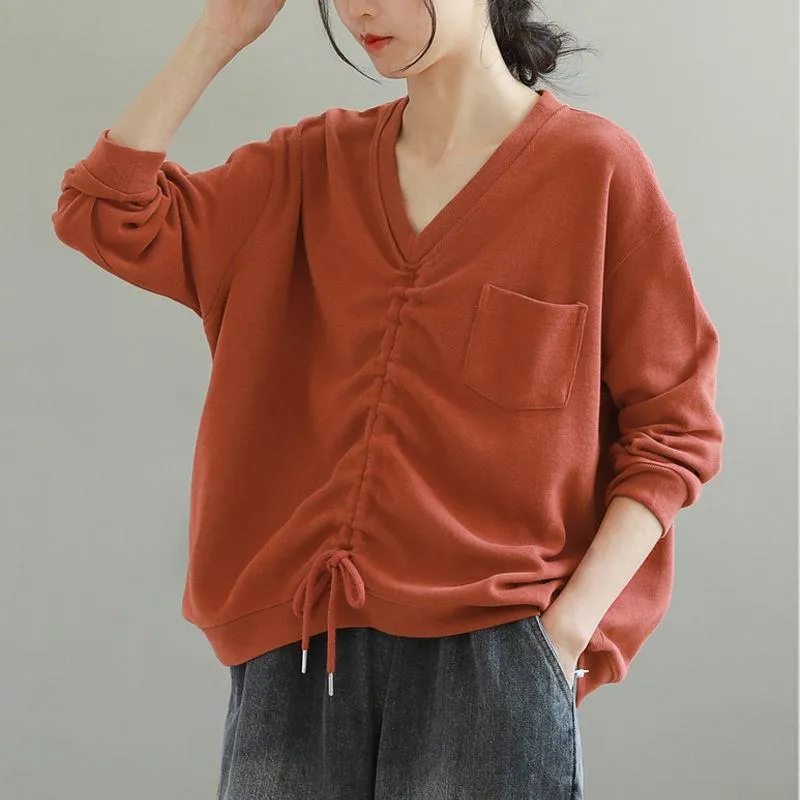 Women's T-Shirt Spring Autumn Arts Style Women Long Sleeve Loose V-neck Tee Shirt Femme Tops Single Pocket Casual Solid V873Women's