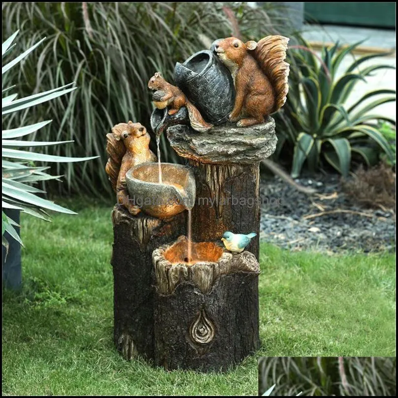 garden decorations solar power resin patio fountain design with led light squirrel decoration outdoor banana simulation