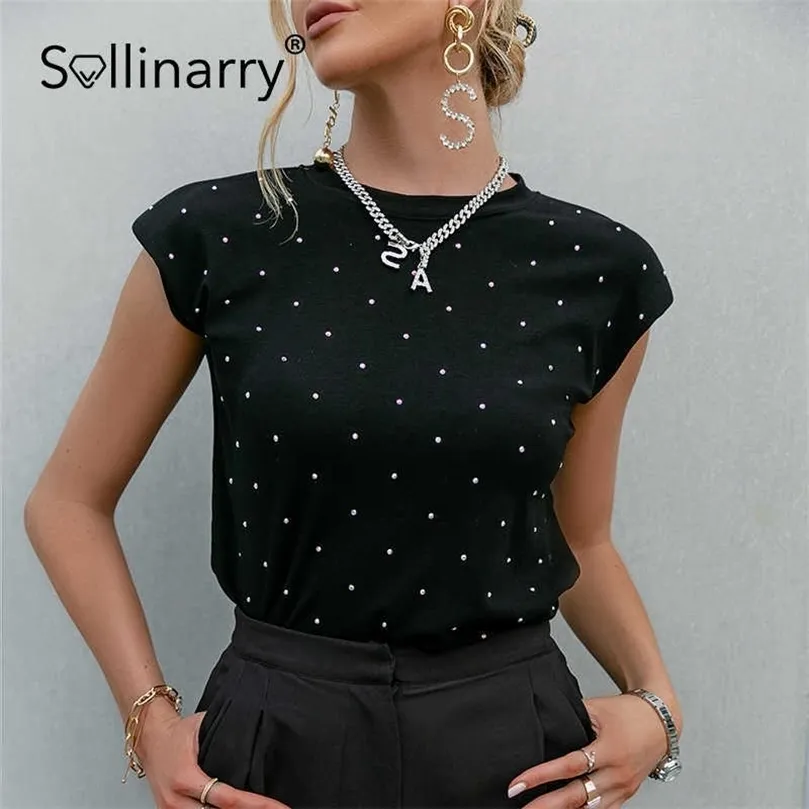 Sollinarry High street ins style women T-shirt summer Polka dot O-neck sleeveless T shirts Casual outfit Shoulder padded top 210709