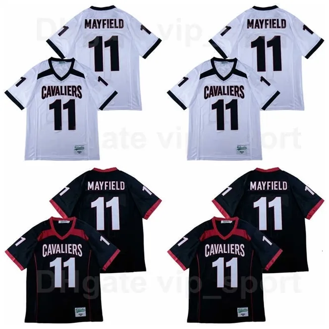 Chen37 Men High School Cavaliers Lake Travis 11 Baker Mayfield Football Jersey All sömnad andas Pure Cotton Black White Team Color utmärkt