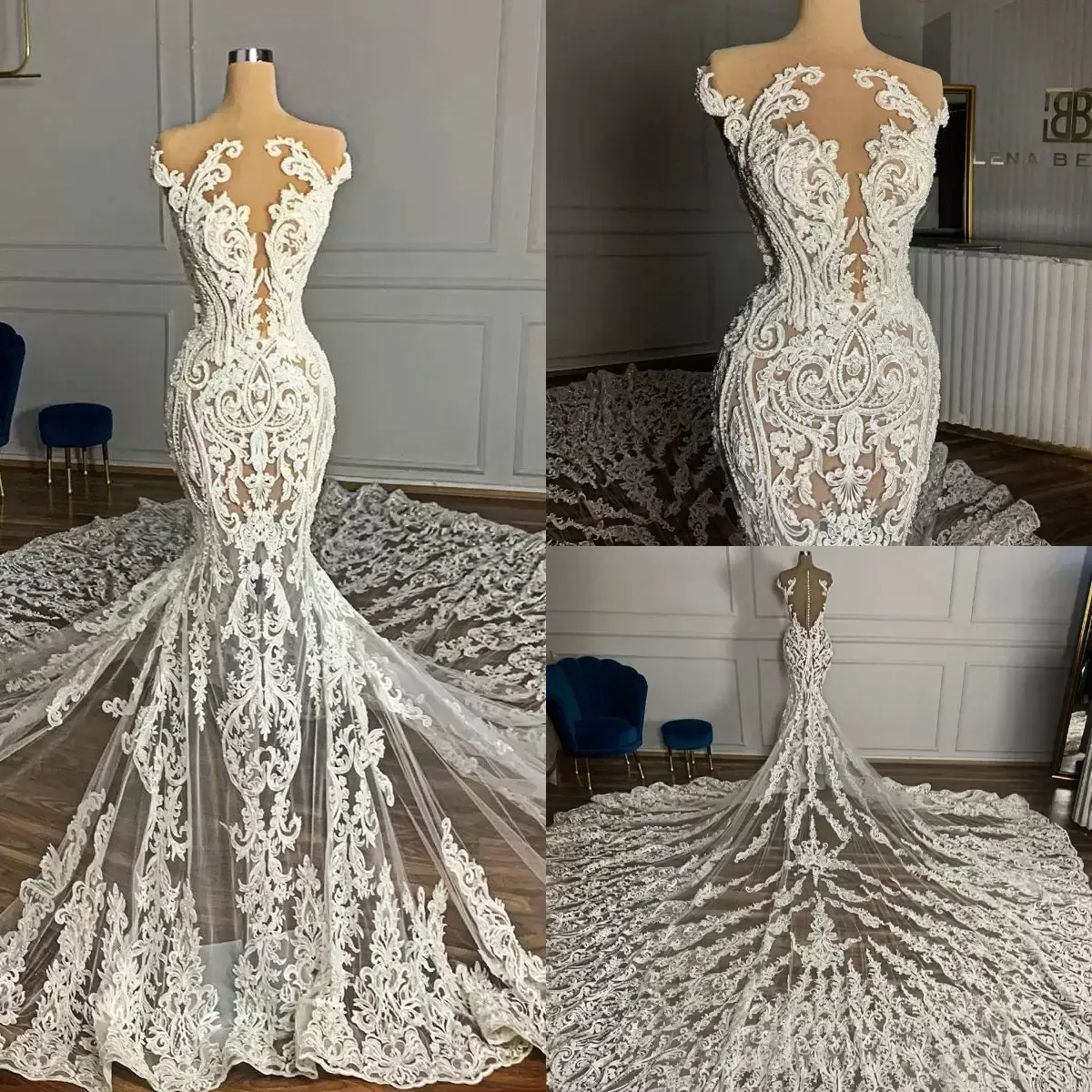 2022 Arabia Lace Mermaid Brautkleider 2020 Plus Größe Illusion Perlen Vintage Hochzeitskleider maßgeschneiderte sexy vestidos de novia