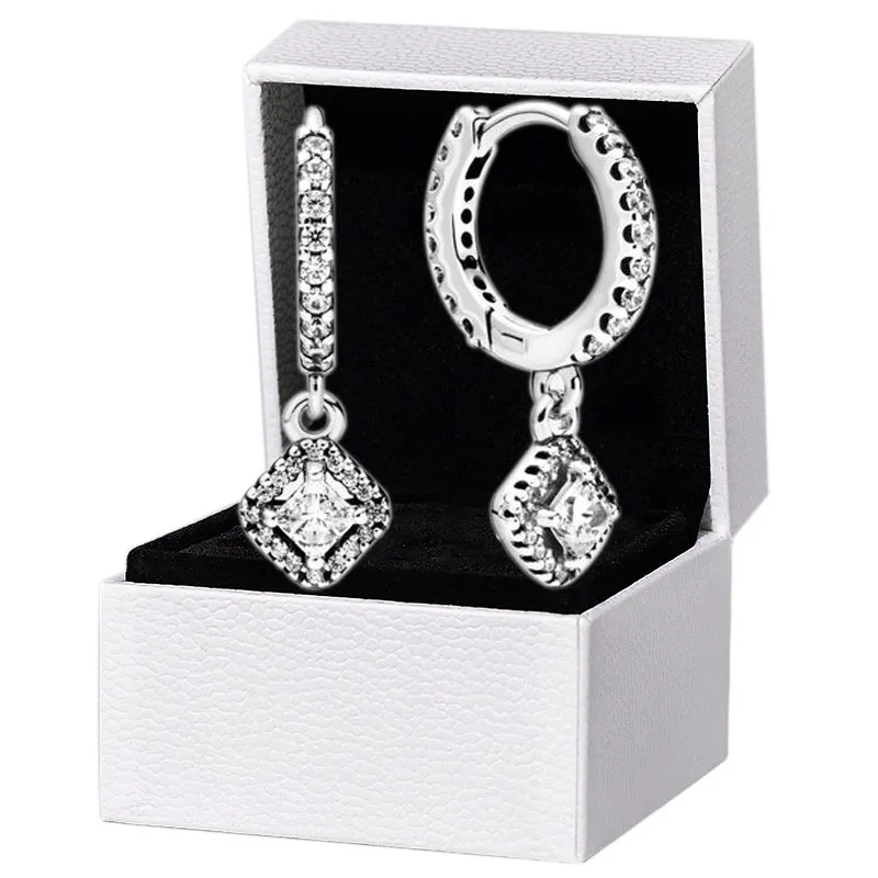 Orecchini a cerchio quadrati scintillanti Cofanetto originale per Pandora Orecchini pendenti con diamanti CZ in argento sterling 925 Gioielli da donna firmati da sposa