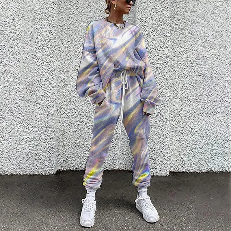 Kvinnors tvåbitar byxor Kvinnor Tracksuit Color Print 2 Outfit Sweatshirt Straight Sweatpants Matching Set Fitness Sporty Streetwear Xlwomen's