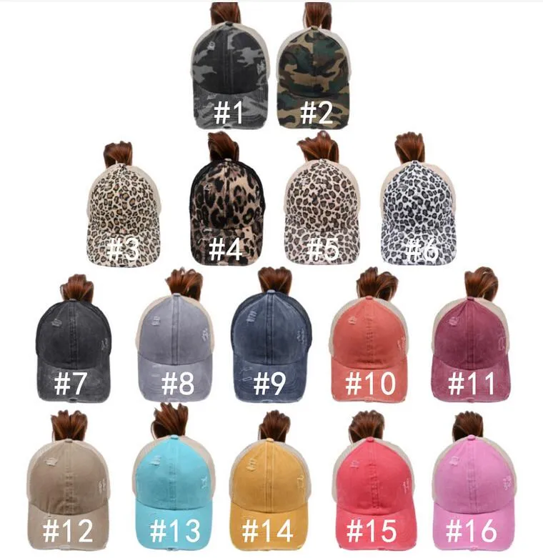 Cappellini da baseball con coda di cavallo Cappellini con chignon disordinati in cotone lavato Cappellino snapback con tintura in cravatta Leopardo Visiera parasole Cappello da esterno Cappellini da festa