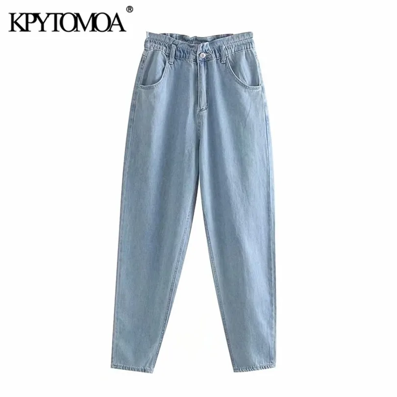 Vintage Stylish Basic Paperbag Jeans Women Fashion High Elastic Waist Side Pockets Ladies Denim Pants Casual Jean Femme 201109