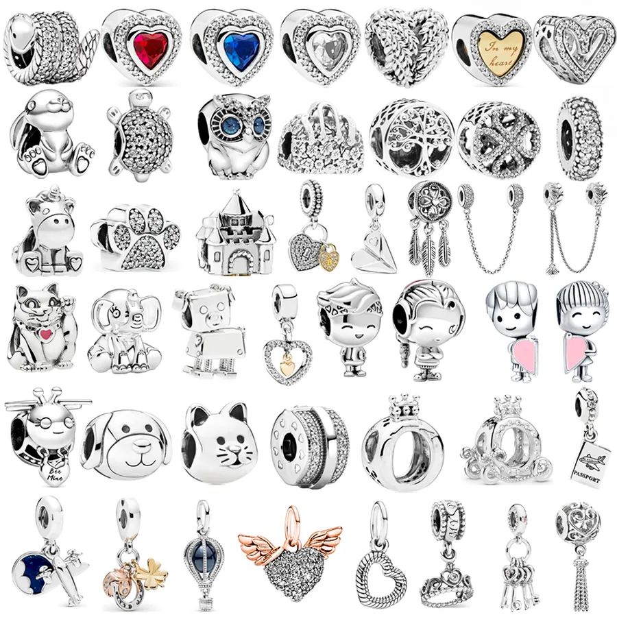 925 Sterling Argent Dangle Charm Couleur Chat Chanceux Chaîne De Sécurité Patte De Chien Couronne Hibou Amour Pendentif Perle Fit Pandora Charms Bracelet DIY Bijoux Accessoires