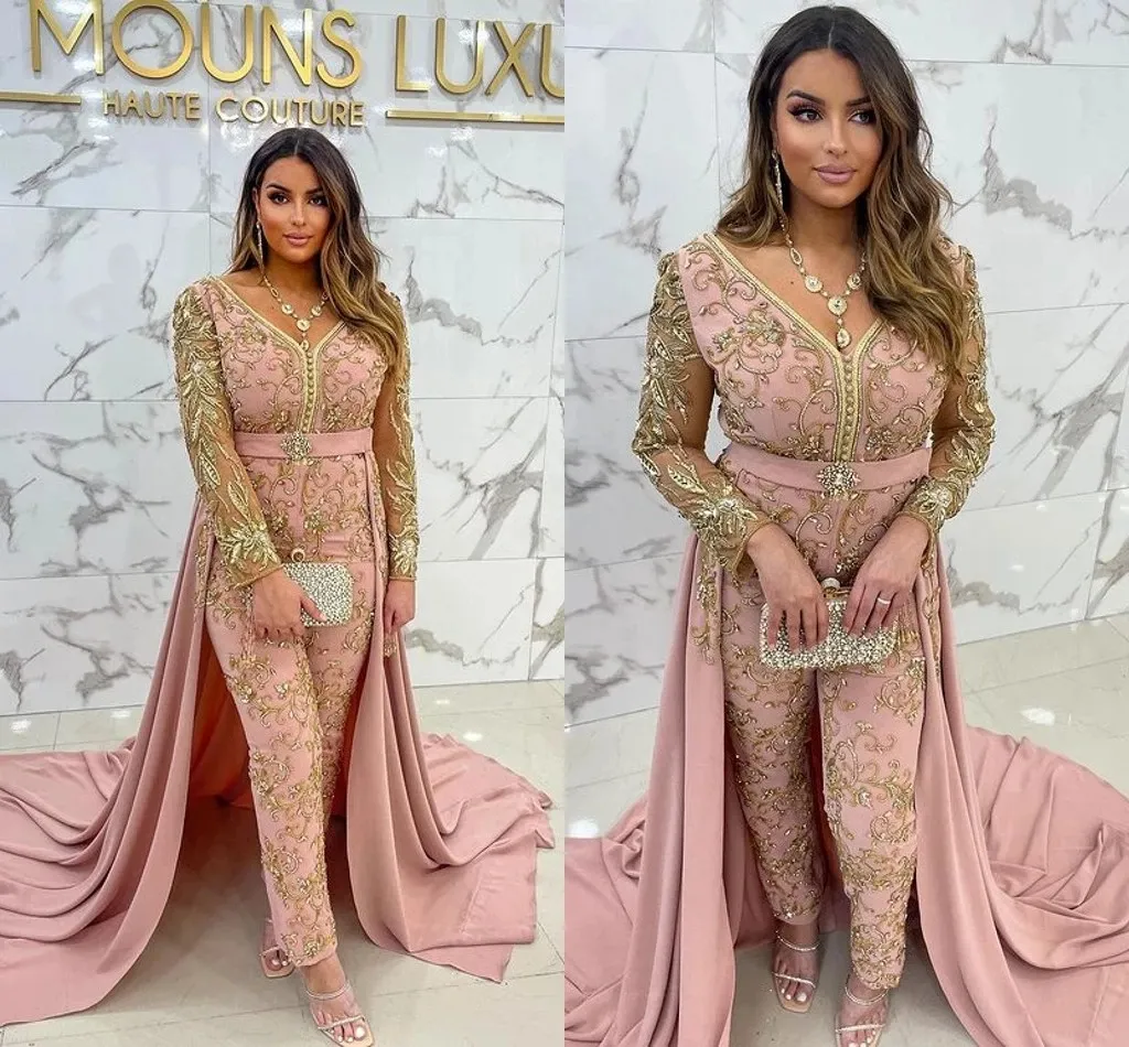 Blush Pink Evening Dress With Jumpsuit With Overskirt Gold Lace 2022 Embroidery Long Sleeve Kaftan Caftan Outfit Prom Pant Suit 322