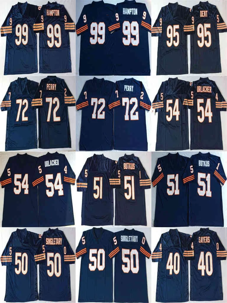 Jersey Football 51 Dick Butkus 54 Brian Urlacher William Perry 95 Richard Dent 99 Dan Hampton Raro Branco Azul Azul Retro Jerseys Costurado Mens