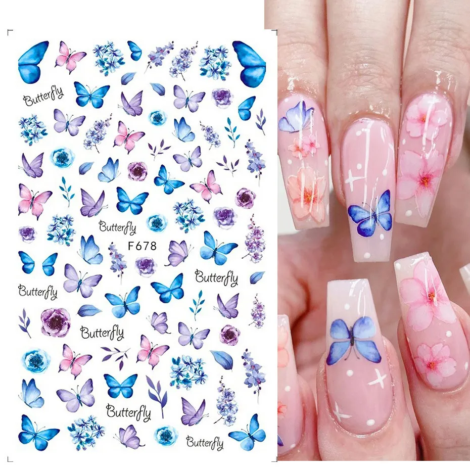 Pegatinas para decoración de uñas con flores y mariposas azules