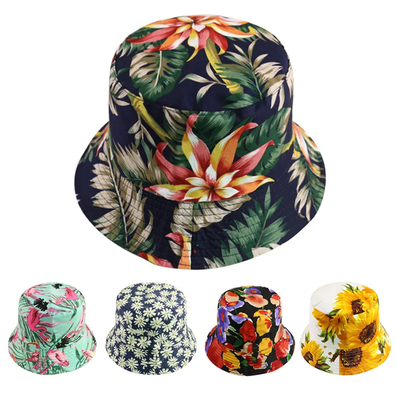 Sommar Kvinnor Party Hat Dubbelsidig Bärande Cap Cherry Rose Sunflowers Sun Fisherman Hats