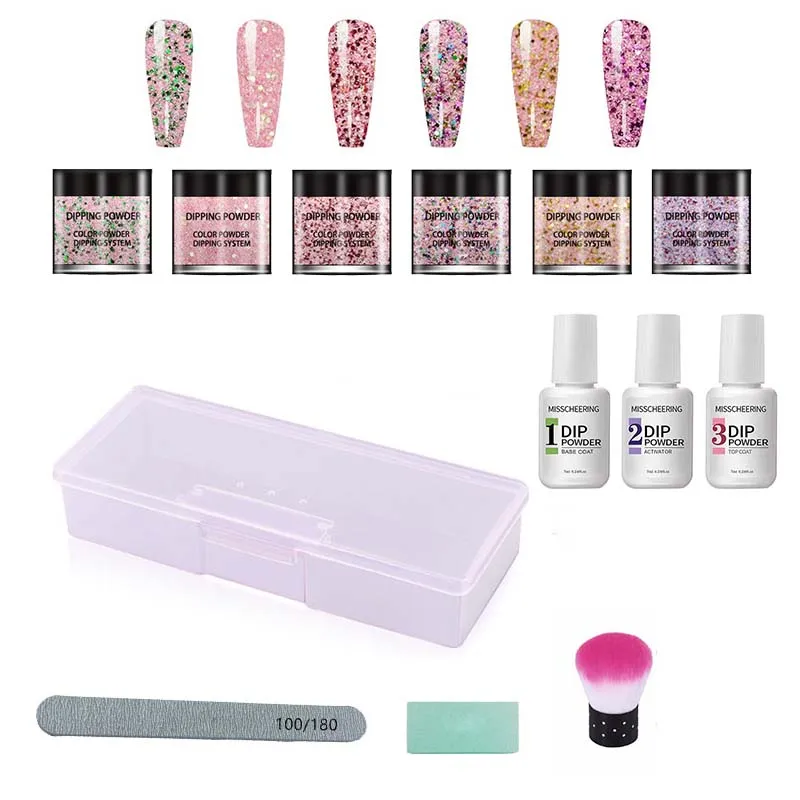 Serie rosa Glitter di immersione in polvere per unghie decorazioni artistiche kit fai -da -te miscelato 6 colori set con accessori per top coat di base strumenti