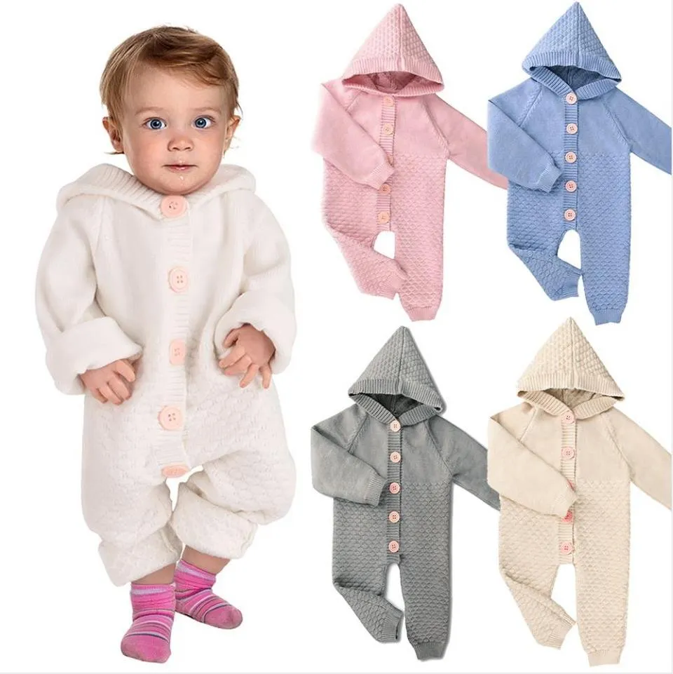 Baby Rompers Designer Clothes Boys Button Knitted Sleeping Bags Infant Long Sleeve Hooded Jumpsuits Newborn Crawling Clothes Boutique Clothing BD7979