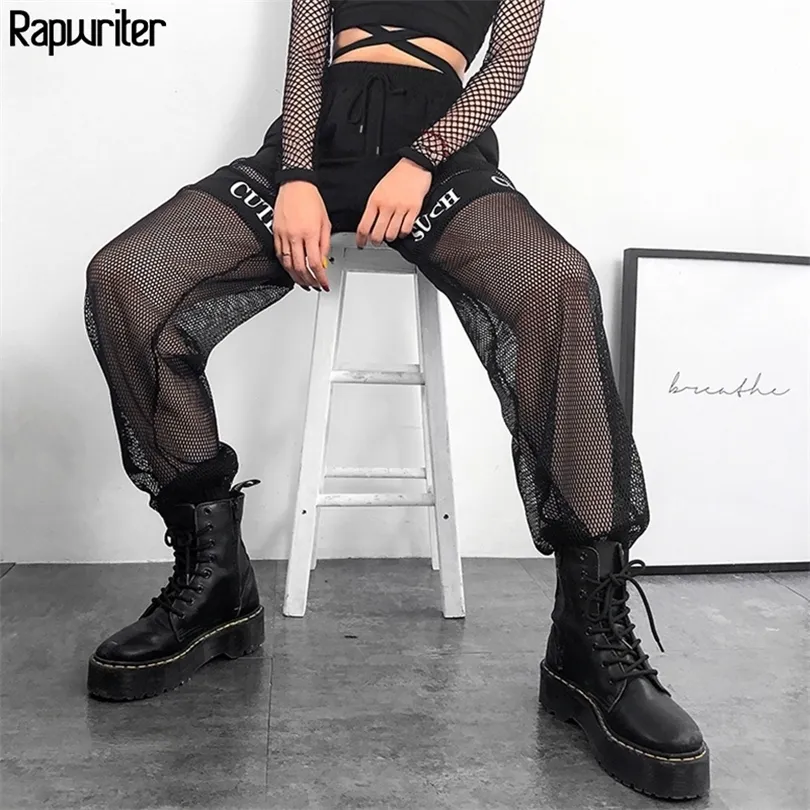 Rapwriter Casual Hollow Out Mesh Patchwork DrawString High midja Pants Women Streetwear Black Hip Hop Sweatpants Joggers T200606