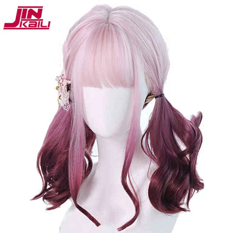 JINKAILI Synthetic Cosplay Wigs With Bangs Blonde Red Pink Purple Short Bob Lolita Heat Resistant Beauty Halloween Party220505