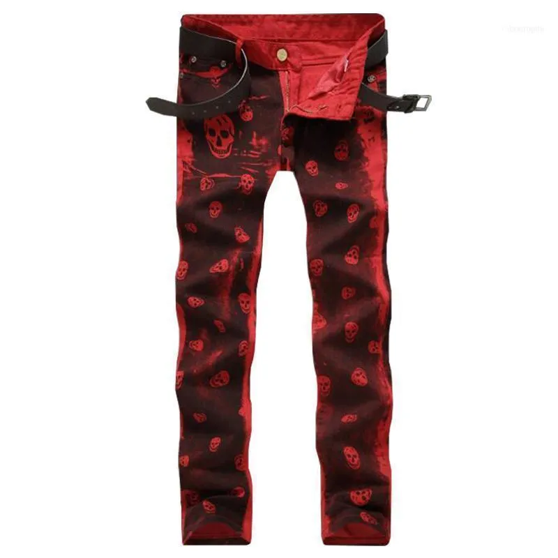 Männer Jeans 2022 Männer Rot Weiß Schädel Muster Gedruckt Punk Slim Fit Motorrad Biker Skinny Baumwolle Denim Jean1