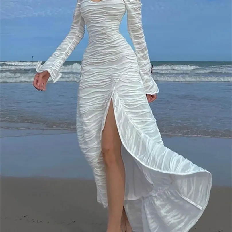 Klalienファッションエレガントなフレンチロマンチックなソリッドホワイトマキシドレス