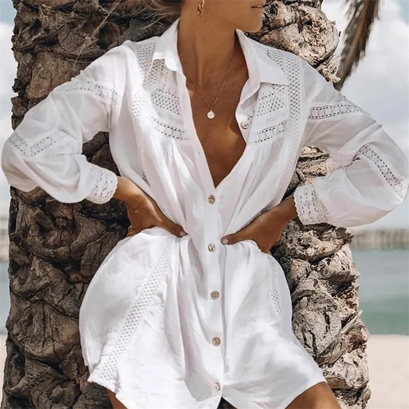 Camicia camicetta bianca sexy copricostume da spiaggia Tuniche estive donna Copricostume da bagno a maniche lunghe top Scava fuori la camicia da bagno 210308