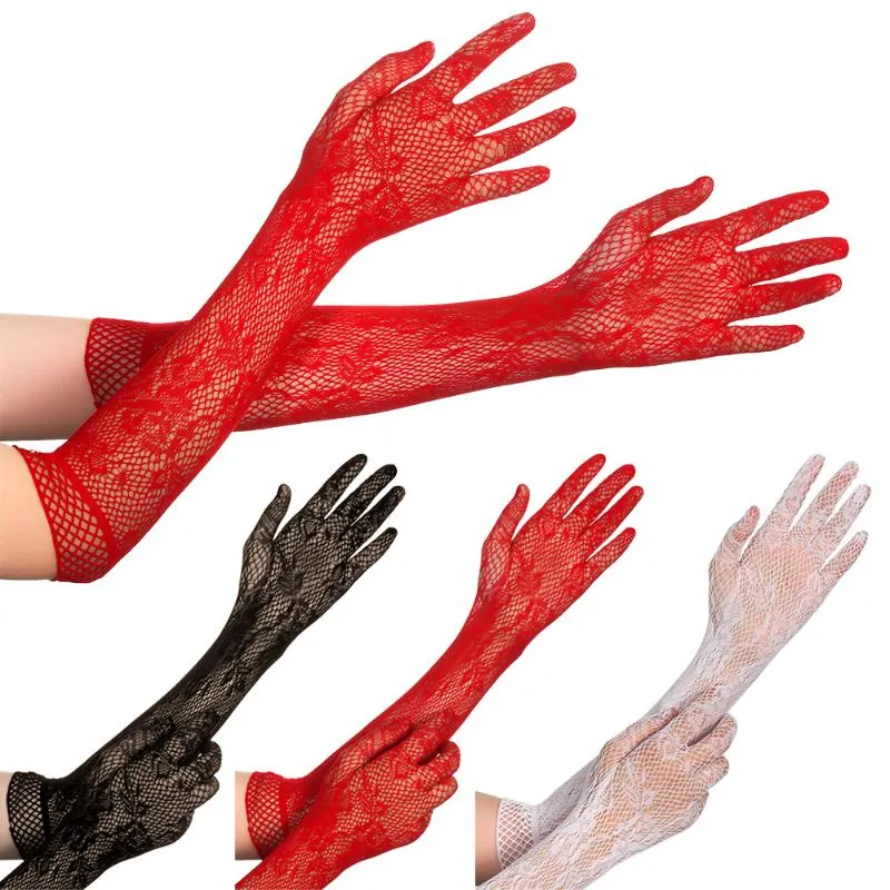 Cinq doigts gants dames Sexy maille extensible Floral mariée longue dentelle liturgie gothique Punk mitaines déguisement noël Halloween