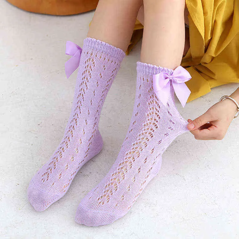 Симпатичная каваи принцесса коленное колено высокие длинные трубки летние тонкие хлопковые сетчатые сетки с твердым цветом носки лука для детей J220621