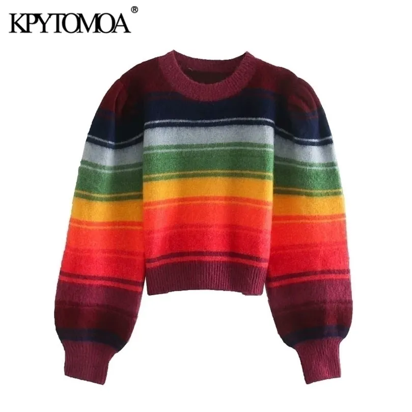 KPYTOMOA Women Fashion Color Striped Cropped Knitted Sweater Vintage O Neck Long Sleeve Female Pullovers Chic Tops 201204