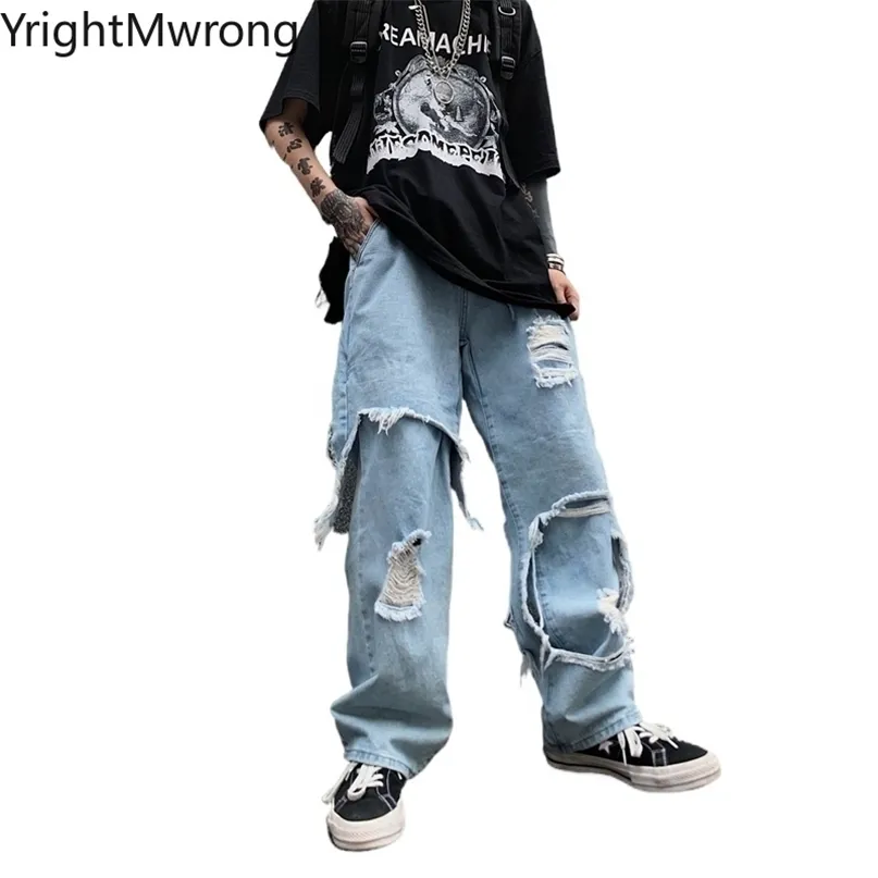 Pantalon en denim déchiré irrégulier femme homme droit Techwear noir Baggy Patchwork Jeans Punk Kpop Harajuku Streetwear Hip Hop 220328