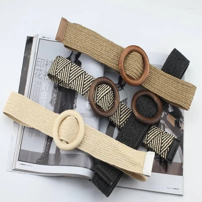 Ceintures Vintage Boho tressé ceinture de taille été solide femme ronde en bois boucle lisse fausse paille large pour les femmes 2022 ceintures Forb22