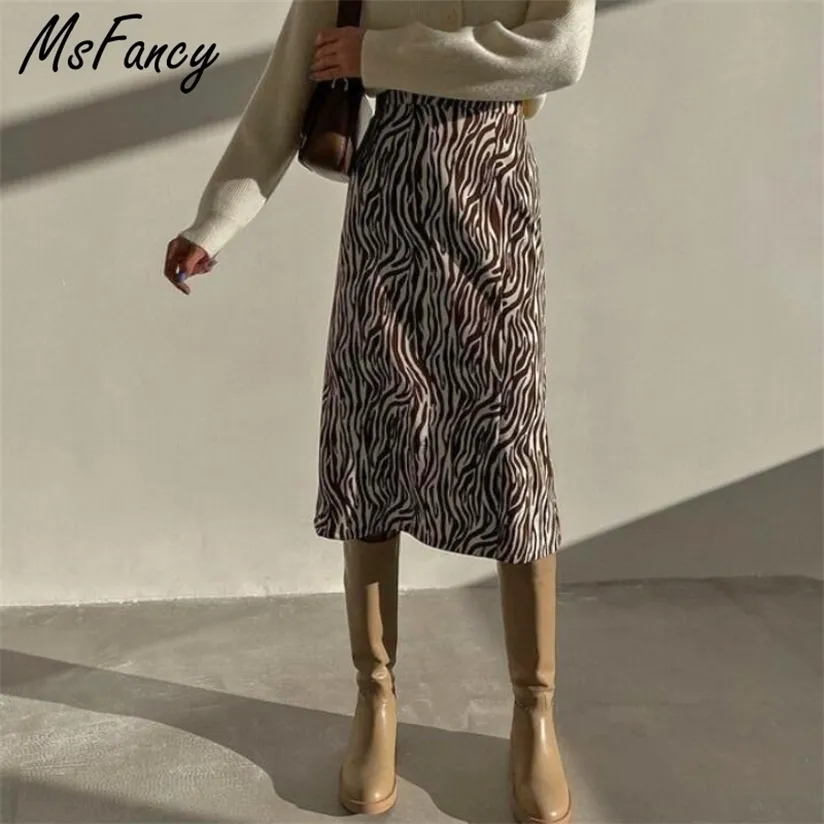 Msfancy Zebra Striped Skirt Women Fashion High Waist A-line Midi Jupe Femme Korean Ofiicial Lady Faldas 220322