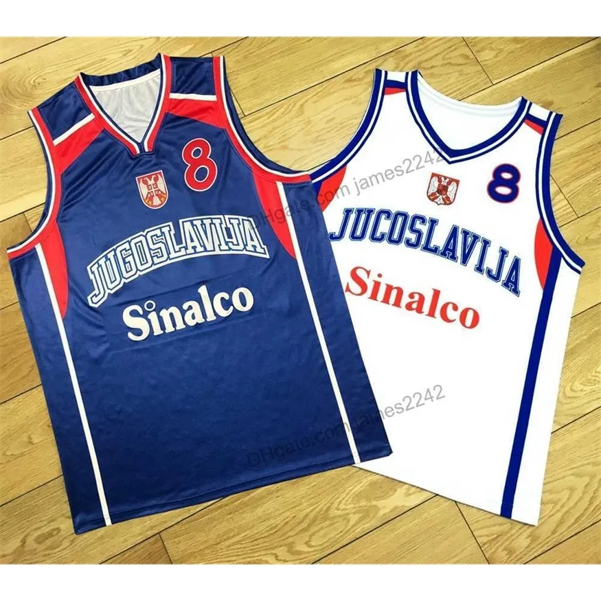 Nikivip Personnalisé Top Qualité Peja Stojakovic # 8 Serbie Jugoslavija Basketball Jersey Tous Noms Nombre Taille 2XS-3XL Blanc Bleu