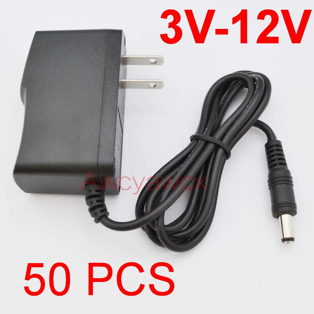 50sts AC -omkoppling av strömadapter DC 3V 4.5V 5V 6V 7.5V 8V 9V 10V 12V 0,5A 500MA 1A 1000MA Laddare Supply US Plug 5.5mm x 2,1 mm (50st 100 st)