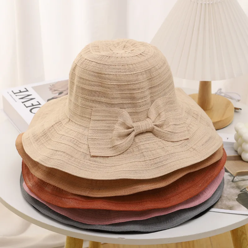 Kvinnor Bow Summer Visors Hat Foldbar Sun Cap Wide Large Brim Cotton Hats Chapeau Lady Beach UV Protection Caps Justerbar
