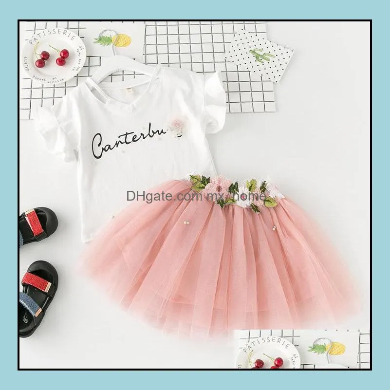 new summer girls dress set baby kids letters cotton tshirt + embroidery flower lace tulle skirt 2pcs clothing suit children outfits