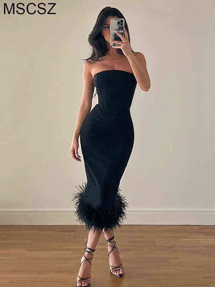 2022 Women Elegant Black Party Dresses Strapless Backless Bodycon Summer Dress Sexy Corset Top Midi Dress With Feather T220816