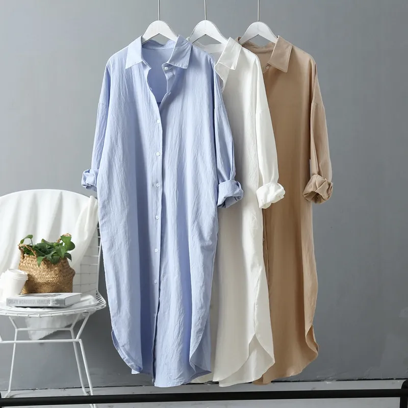 Robe chemise longue en coton pour femme, vêtements coréens amples, kaki, blanc, bleu, surdimensionnés, robes mi-longues pures, été automne