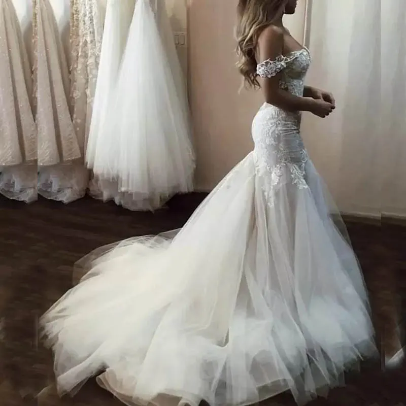 New Arrival Sexy See Through Off Shoulder Mermaid Wedding Dresses Illusion Sheer Neck Applique Bridal Wedding Gown