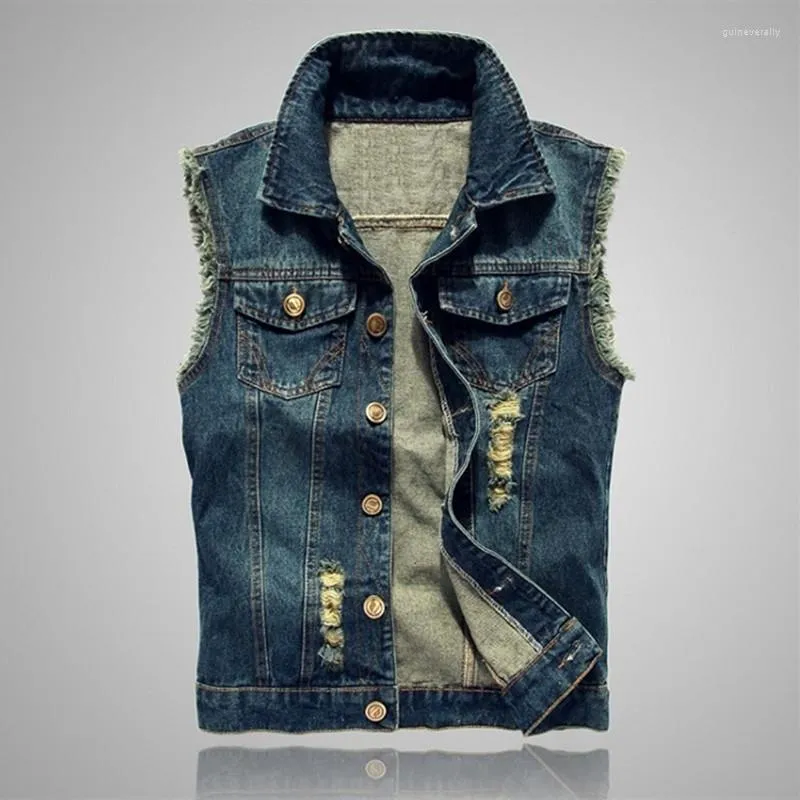 Gilets pour hommes mode effiloché bleu veste en jean décontractée Style coréen tendance trou manteaux clairs et foncés Guin22