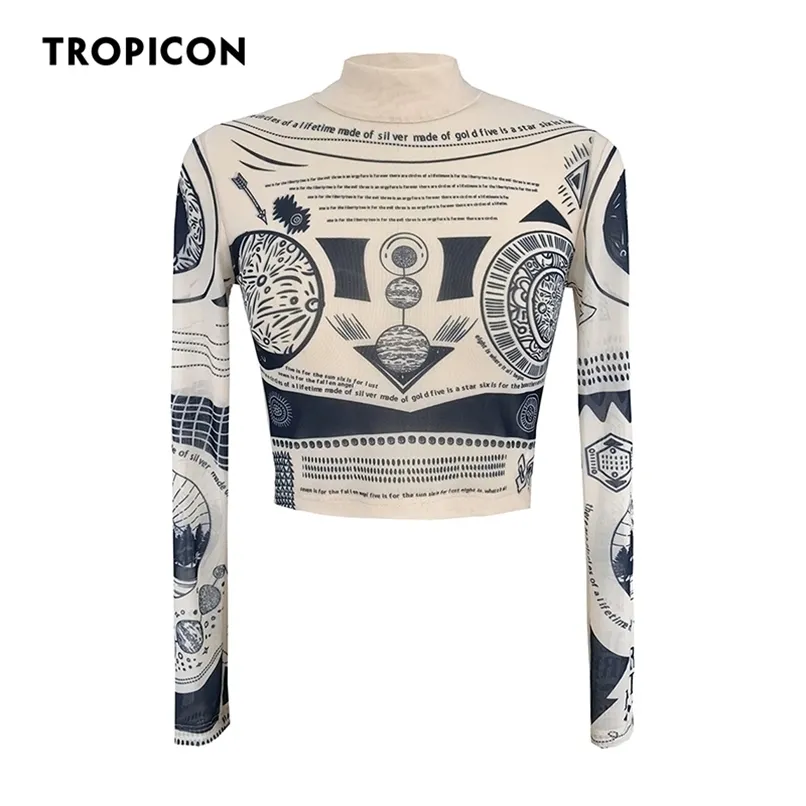 TROPICON Tattoo Mesh Crop Top Long Sleeve Tees Graphic T Shirt See Through High Fashion Top Aesthetic Bodycon Tshirt 220527