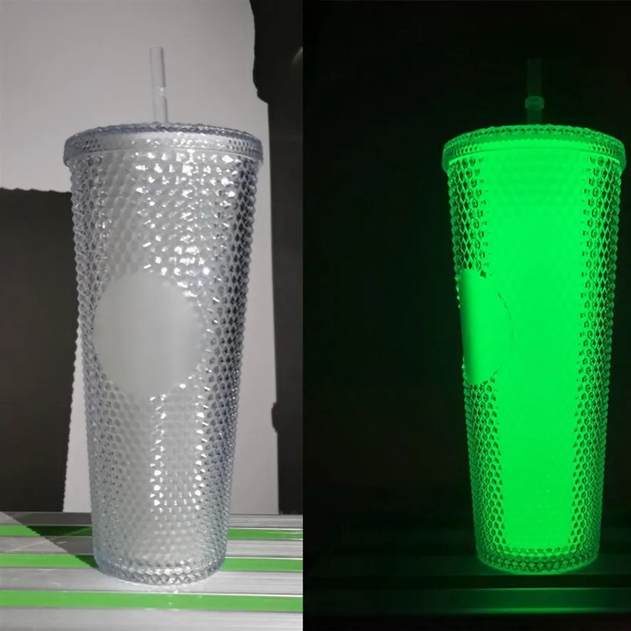 Starbucks Luminous Double Durian Laser Straw Cup 710ml Tumblers Mermaid Plastic Cold Water Cofefe Cufe Cups 선물 머그잔 로고 254U