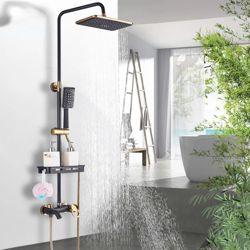 Set di rubinetti per doccia in oro nero set da bagno kit di doccia con pioggia con scaffale a parete girevole morsa per cucciolo di mixer freddo mixer caldo