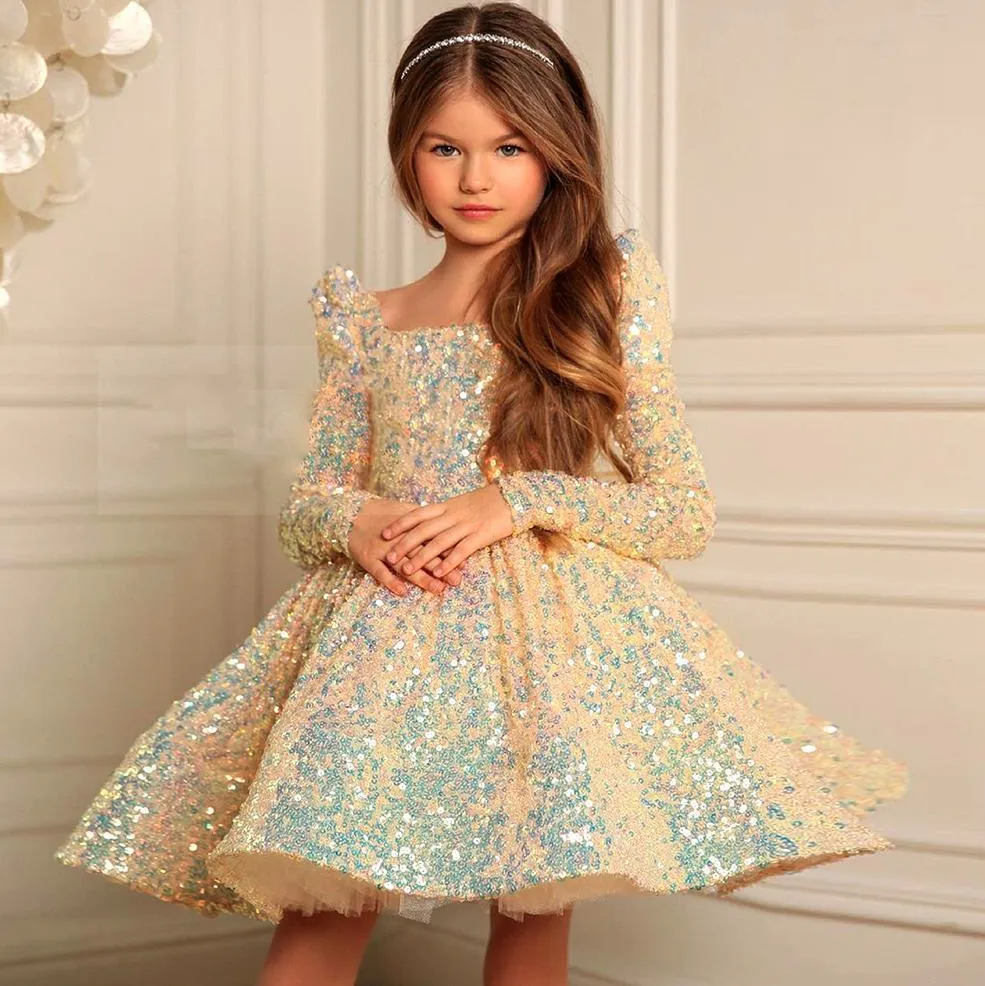 Gold Girls Pageant Dresses Sequined Toddler Ball Gowns Jewel Long Sleeves Formal Kids Party Christmas Gown Flower Girl Dresses for Weddings