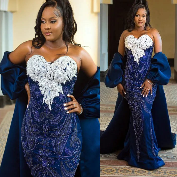 2022 Plus Size Arabic Aso Ebi Navy Blue Mermaid Prom Dresses Sequined Lace Evening Formal Party Second Reception Födelsedagsengagemang Klänningar ZJ922